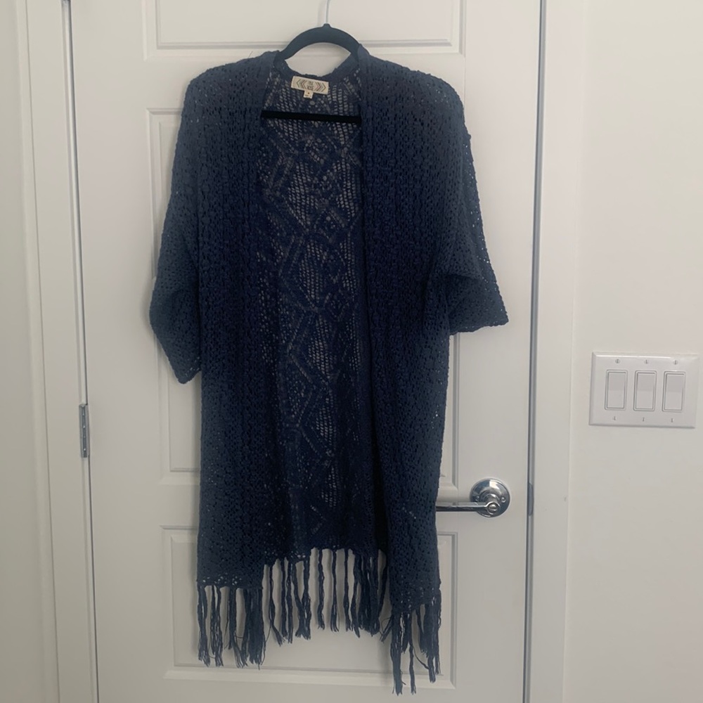 Pink Rose Navy Blue Crochet Duster